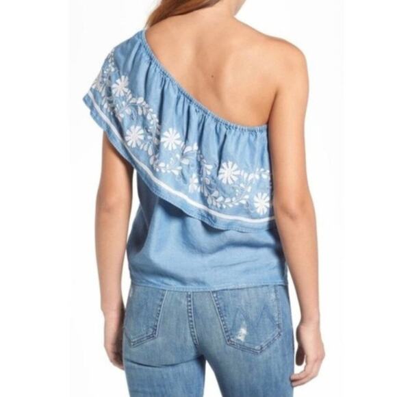 Rebecca Minkoff Rita Denim Chambray One Shoulder Embroidered Blouse Top Blue S - Picture 3 of 12